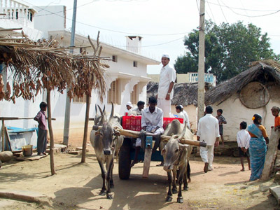 A bullock cart pressed into service in Venkatagaripalli village